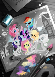 Size: 1500x2101 | Tagged: safe, artist:weird--fish, derpibooru import, applejack, fluttershy, pinkie pie, rainbow dash, rarity, twilight sparkle, earth pony, pegasus, pony, unicorn, mane six, mane six opening poses