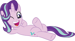 Size: 10861x5986 | Tagged: safe, artist:wissle, derpibooru import, starlight glimmer, pony, unicorn, a horse shoe-in, absurd resolution, arm behind head, crossed legs, cute, female, glimmerbetes, happy, laid back, looking at you, lying down, mare, on back, one eye closed, open mouth, reclining, simple background, solo, starlight glimmer day, transparent background, vector, wink