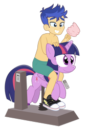 Size: 900x1320 | Tagged: safe, artist:dm29, derpibooru import, flash sentry, twilight sparkle, twilight sparkle (alicorn), alicorn, equestria girls, clothes, cotton candy, flash sentry riding twilight, humans riding ponies, partial nudity, pony ride, riding, simple background, topless, transparent background