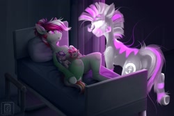 Size: 2560x1706 | Tagged: safe, derpibooru import, oc, oc:chifundo, oc:wandering sunrise, earth pony, ghost, hybrid, pony, undead, zebra, zony, fallout equestria, fallout equestria: dead tree, bed, crying, foal