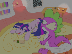 Size: 2000x1500 | Tagged: safe, artist:aklesswift, derpibooru import, spike, twilight sparkle, unicorn twilight, pony, unicorn, bottle, candle, drunk, drunk twilight, golden oaks library, indoors, inkwell, night, quill, sleeping, tired