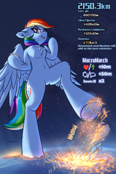 Size: 1200x1800 | Tagged: safe, artist:ravistdash, derpibooru import, rainbow dash, pegasus, pony, bipedal, city, destruction, earth, fetish, giant rainbow dash, growth drive, impact, incentive drive, island, lava, macro, mount everest, ocean, smiling, smirk, solo, text, underhoof, wings