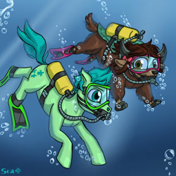 Size: 1600x1600 | Tagged: safe, artist:scarletdex8299, derpibooru import, sandbar, yona, earth pony, pony, yak, air tank, brown eyes, crepuscular rays, female, flippers, flowing tail, goggles, green eyes, male, ocean, scuba, swimming, underwater, water