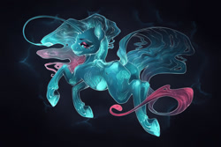 Size: 1600x1067 | Tagged: safe, artist:lazyeva, derpibooru import, earth pony, ghost, ghost pony, pony, undead, bioluminescent, bone, colored pupils, eyelashes, fangs, flowing mane, flowing tail, glow, grin, ocean, smiling, solo, swimming, underwater, water