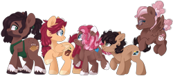 Size: 2863x1269 | Tagged: safe, artist:cinnamontee, derpibooru import, oc, oc only, oc:cinnamon sticks, oc:ginger bread, oc:heather, oc:jamie dodger, oc:peppermint patty, earth pony, pegasus, pony, female, male, mare, simple background, stallion, transparent background