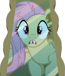 Size: 3867x4500 | Tagged: safe, artist:frownfactory, derpibooru import, fluttershy, bat pony, pegasus, pony, bats!, bat ponified, fangs, female, flutterbat, mare, mirror, race swap, reflection, simple background, solo, transparent background, vector