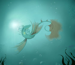 Size: 2200x1907 | Tagged: safe, artist:jenndylyon, derpibooru import, oc, oc only, fish, merpony, sea pony, bubble, clothes, crepuscular rays, deviantart watermark, fin wings, fish tail, flowing tail, glow, obtrusive watermark, ocean, scales, seaweed, see-through, signature, smiling, solo, sun, sunlight, swimming, tail, underwater, water, watermark, wings