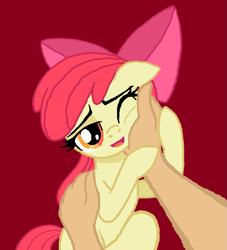 Size: 985x1085 | Tagged: safe, artist:definitelynotme, artist:lockerobster, derpibooru import, edit, apple bloom, earth pony, human, pony, 1000 hours in ms paint, adorabloom, bow, cheek squish, cute, disembodied hand, ears, female, filly, floppy ears, hair bow, hand, hand on cheek, human on pony petting, human on pony snuggling, interspecies, lidded eyes, looking at you, offscreen character, one eye closed, petting, pov, simple background, smiling, snuggling, solo focus, squishy cheeks
