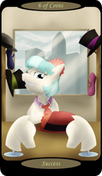 Size: 1500x2591 | Tagged: safe, artist:sixes&sevens, derpibooru import, coco pommel, earth pony, beret, female, hat, minor arcana, mouth hold, needle, sewing, six of coins, skyline, solo, tarot card, thread, top hat, window