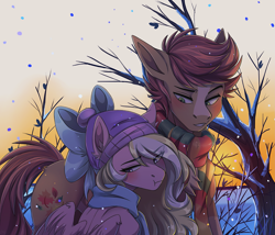 Size: 3181x2725 | Tagged: safe, artist:1an1, derpibooru import, oc, oc only, oc:bay breeze, oc:pitch pine, earth pony, beanie, blaze (coat marking), blushing, bow, clothes, coat markings, cute, female, hair bow, hat, male, mare, pinebreeze, pouting, scarf, shipping, snow, socks (coat marking), straight, tsundere, winter outfit