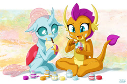 Size: 1200x795 | Tagged: safe, artist:uotapo, derpibooru import, ocellus, smolder, changedling, changeling, dragon, brush, cute, diaocelles, dragoness, duo, easter, easter egg, egg, female, holiday, mouth hold, open mouth, open smile, paint, paintbrush, painting, sitting, smiling, smolderbetes