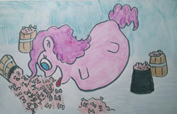 Size: 1280x829 | Tagged: safe, artist:dex stewart, derpibooru import, pinkie pie, earth pony, pony, eating, fat, traditional art