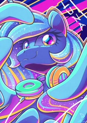 Size: 2480x3508 | Tagged: safe, artist:musicfirewind, derpibooru import, princess luna, alicorn, pony, colored, cyberpunk, female, headphones, looking at you, mare, synthwave