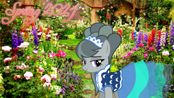 Size: 2064x1161 | Tagged: safe, artist:not-yet-a-brony, derpibooru import, edit, marble pie, earth pony, 2021, clothes, dress, female, flower, garden, lyrics in the description, mare, song reference, spring, youtube link in the description