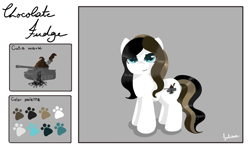 Size: 2000x1200 | Tagged: safe, artist:julie25609, derpibooru import, oc, oc:chocolate fudge, earth pony, pony, blue eyes, cute, reference sheet, smiling, solo