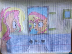 Size: 3264x2448 | Tagged: safe, artist:dupontsimon, derpibooru import, sunset shimmer, pony, unicorn, fanfic:magic show of friendship, equestria girls, fanfic art, lined paper, mirror, reflection, sink, traditional art