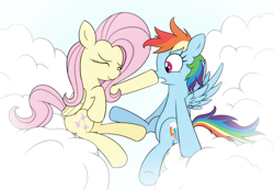 Size: 3393x2351 | Tagged: safe, artist:reconprobe, derpibooru import, fluttershy, rainbow dash, pegasus, pony, boop, cloud, cute, duo, eyes closed, female, high res, mare, on a cloud, sitting, sitting on cloud, spread wings, surprised, varying degrees of amusement, wings