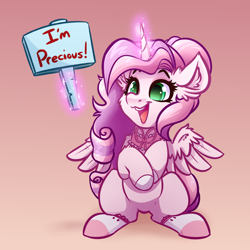 Size: 4000x4000 | Tagged: safe, artist:witchtaunter, derpibooru import, oc, oc only, oc:sakura, alicorn, pony, absurd resolution, alicorn oc, choker, ear fluff, ears, female, gradient background, holding sign, levitation, magic, mare, open mouth, open smile, sign, sitting, smiling, solo, telekinesis