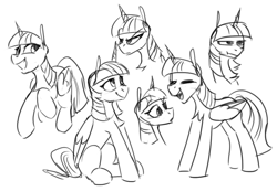 Size: 1182x819 | Tagged: safe, artist:anticular, derpibooru import, twilight sparkle, twilight sparkle (alicorn), alicorn, pony, black and white, female, grayscale, mare, monochrome, simple background, sketch, sketch dump, solo, white background