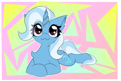 Size: 3543x2362 | Tagged: safe, artist:galacticguardian, derpibooru import, trixie, pony, unicorn, :3, abstract background, chest fluff, cute, diatrixes, female, horn, lying down, mare, prone, smiling, solo