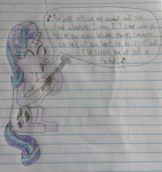 Size: 1465x1556 | Tagged: safe, artist:myoozik, derpibooru exclusive, derpibooru import, starlight glimmer, pony, unicorn, acoustic guitar, carole king, cutie mark, eyelashes, eyes closed, female, guitar, hair, hair flip, happy, james taylor, lined paper, lyrics, mane, mare, musical instrument, notebook, open mouth, photo, singing, sitting, skunk stripe, solo, song reference, speech bubble, starlight glimmer day, strumming, tail, text, traditional art