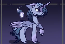 Size: 2387x1633 | Tagged: safe, artist:caramelbolt24, derpibooru import, oc, oc only, oc:ocean glow, alicorn, pony, abstract background, alicorn oc, chest fluff, choker, cloven hooves, ear fluff, ears, horn, jewelry, magical lesbian spawn, necklace, offspring, parent:rainbow dash, parent:rarity, parents:raridash, signature, solo, wings