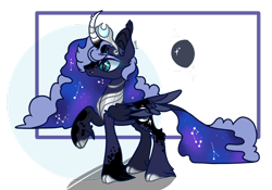 Size: 1920x1342 | Tagged: safe, artist:caramelbolt24, derpibooru import, princess luna, alicorn, pony, alternate design, cloven hooves, constellation, curved horn, ear fluff, ears, ethereal mane, female, galaxy mane, hoof fluff, horn, jewelry, mare, peytral, raised hoof, raised leg, signature, simple background, solo, tiara, transparent background, wings