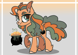 Size: 2388x1668 | Tagged: safe, artist:caramelbolt24, derpibooru import, oc, oc only, oc:pumpkin brew, earth pony, pony, abstract background, cauldron, colored hooves, ear fluff, ears, earth pony oc, female, magical lesbian spawn, mare, offspring, parent:applejack, parent:pinkie pie, parents:applepie, signature, smiling, solo