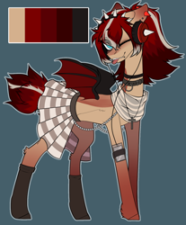 Size: 1240x1501 | Tagged: safe, artist:wisteriations, derpibooru import, oc, oc only, oc:scarlet song, bat pony, pony, bandana, bat pony oc, blue background, chains, choker, clothes, coat markings, collar, ear piercing, earring, female, headband, headphones, jewelry, mare, multicolored hair, necklace, nose piercing, one eye closed, phone, piercing, reference sheet, simple background, skirt, snake bites, socks, solo, stockings, thigh highs, tongue, tongue out, tongue piercing, wink