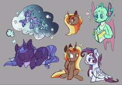 Size: 1600x1120 | Tagged: safe, artist:caramelbolt24, derpibooru import, oc, oc only, alicorn, hybrid, pony, unicorn, alicorn oc, book, bust, dream, ear fluff, ears, female, gray background, grin, horn, interspecies offspring, magical gay spawn, mare, offspring, parent:spike, parent:thorax, parents:applelestia, parents:shiningluna, parents:thoraxspike, reading, signature, simple background, sitting, sleeping, smiling, solo, unicorn oc, wings