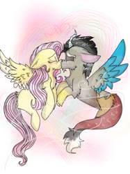 Size: 899x1200 | Tagged: safe, artist:cocolove2176, derpibooru import, discord, fluttershy, draconequus, pegasus, pony, discoshy, eyes closed, female, kissing, male, mare, shipping, story included, straight, wings