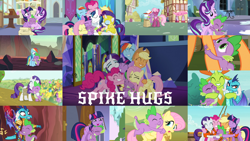 Size: 1280x721 | Tagged: safe, derpibooru import, edit, edited screencap, editor:quoterific, screencap, applejack, cheerilee, fluttershy, pinkie pie, princess ember, rainbow dash, rarity, spike, starlight glimmer, thorax, twilight sparkle, twilight sparkle (alicorn), alicorn, changedling, changeling, dragon, earth pony, pegasus, pony, unicorn, a horse shoe-in, castle sweet castle, feeling pinkie keen, gauntlet of fire, inspiration manifestation, ppov, secret of my excess, shadow play, sparkle's seven, spike at your service, the crystal empire, the crystalling, triple threat, bloodstone scepter, dragon armor, dragoness, female, group hug, hat, hug, king thorax, leg hug, lifejacket, male, mane seven, mane six, mare, royal guard rarity, side hug, spikelove, starlight's office, twilight's castle
