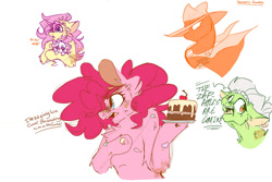 Size: 1280x854 | Tagged: safe, artist:trash0king, derpibooru import, fluttershy, granny smith, mare do well, opalescence, pinkie pie, earth pony, pegasus, pony, family appreciation day, secret of my excess, sweet and elite, the mysterious mare do well, cake, female, food, mare, scene interpretation, simple background, wet, wet fur, white background