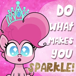 Size: 1080x1080 | Tagged: safe, derpibooru import, pinkie pie, earth pony, pony, my little pony: pony life, day of happiness, jewelry, official, open mouth, solo, text, tiara