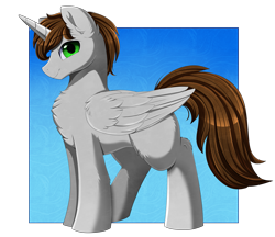 Size: 3487x3009 | Tagged: safe, artist:pridark, oc, oc only, oc:silver phantom, alicorn, pony, alicorn oc, chest fluff, commission, green eyes, high res, horn, looking at you, male, smiling, solo, wings