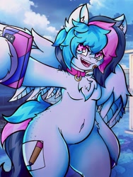 Size: 1536x2048 | Tagged: safe, artist:canvymamamoo, oc, oc only, oc:echy, anthro, pegasus, belly button, breasts, butt freckles, chest fluff, collar, ear fluff, ears, fangs, female, freckles, holding, lidded eyes, mare, open mouth, phone, selfie, shoulder freckles, smiling, solo, unshorn fetlocks