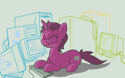 Size: 1920x1200 | Tagged: safe, artist:darkdoomer, ponybooru exclusive, oc, oc only, oc:heart drive, pony, unicorn, computer, crt monitor, featured image, female, floppy disk, freckles, glasses, keyboard, lying down, mare, one eye closed, ponies with technology, ponybooru mascot, prone, screen, solo, wink