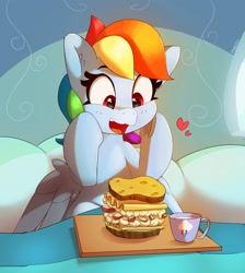 Size: 2813x3138 | Tagged: safe, artist:pabbley, rainbow dash, pegasus, pony, bed, blushing, breakfast, breakfast in bed, cute, dashabetes, female, food, frog (hoof), happy, heart, looking down, mare, morning, mug, open mouth, pasta and potato sandwich on sourdough, pillow, rainbow dash's house, sandwich, sitting, smiling, solo, spread wings, tray, underhoof, wings