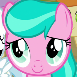 Size: 768x768 | Tagged: safe, derpibooru import, screencap, aquamarine, boysenberry, cotton cloudy, gallop j. fry, pinkie feather, earth pony, pegasus, pony, twilight time, bust, cropped, female, filly, mare, offscreen character, smiling, solo focus