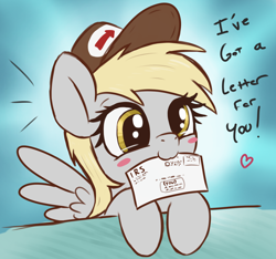 Size: 2226x2082 | Tagged: safe, artist:t72b, derpibooru import, derpy hooves, pegasus, pony, (you), blushing, cute, daaaaaaaaaaaw, derpabetes, female, hat, heart, horse taxes, irs, letter, mailmare, mare, mouth hold, solo, taxes, this will end in bankruptcy