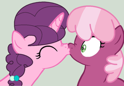 Size: 777x537 | Tagged: safe, artist:jadethepegasus, artist:lullabyprince, derpibooru import, cheerilee, sugar belle, earth pony, pony, unicorn, base used, boop, eyes closed, female, gray background, kissing, lesbian, mare, noseboop, shipping, simple background, sugarlee, surprised