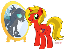 Size: 1200x947 | Tagged: safe, artist:jennieoo, derpibooru import, oc, oc only, oc:brisk mask, changeling, pony, unicorn, butt, happy, male, mirror, plot, reflection, sad, simple background, smiling, solo, stallion, transparent background