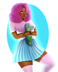 Size: 1080x1321 | Tagged: safe, alternate version, artist:alexdraws3, derpibooru import, gummy, pinkie pie, alligator, human, clothes, dark skin, female, humanized, skirt, smiling