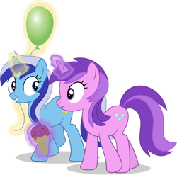 Size: 1280x1264 | Tagged: safe, artist:thatusualguy06, derpibooru import, amethyst star, minuette, sparkler, pony, unicorn, no second prances, .svg available, absurd resolution, balloon, duo, food, ice cream, looking at each other, magic, simple background, transparent background, vector