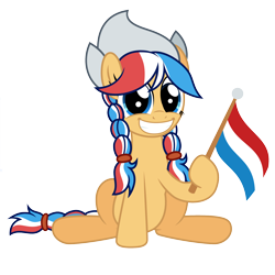 Size: 2000x2000 | Tagged: safe, artist:ashidaru, derpibooru import, oc, oc:ember, oc:ember (hwcon), pony, cute, flag, happy, hearth's warming con, nation ponies, netherlands, ponified, simple background, solo, transparent background