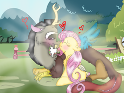 Size: 1200x899 | Tagged: safe, artist:cocolove2176, derpibooru import, discord, fluttershy, draconequus, pegasus, pony, blushing, chest fluff, discoshy, eyes closed, female, heart, male, mare, mountain, outdoors, shipping, sitting, straight, tree, wings
