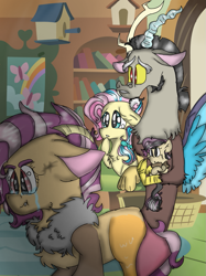 Size: 899x1200 | Tagged: safe, artist:cocolove2176, derpibooru import, discord, fluttershy, oc, oc:coraliss rose, draconequus, hybrid, pegasus, pony, bookshelf, crying, discoshy, draconequus oc, female, indoors, interspecies offspring, male, mare, offspring, parent:discord, parent:fluttershy, parents:discoshy, shipping, story included, straight, wings
