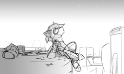 Size: 1280x768 | Tagged: safe, artist:captainhoers, derpibooru import, oc, oc only, pony, unicorn, city, cityscape, grayscale, looking up, monochrome, solo