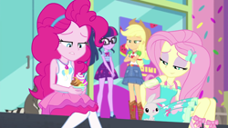 Size: 1280x720 | Tagged: safe, derpibooru import, screencap, angel bunny, applejack, fluttershy, pinkie pie, sci-twi, twilight sparkle, rabbit, equestria girls, equestria girls series, tip toppings, tip toppings: fluttershy, spoiler:eqg series (season 2), animal, applejack's hat, boots, bowtie, clothes, cowboy boots, cowboy hat, crossed arms, cutie mark, cutie mark on clothes, denim skirt, geode of fauna, geode of sugar bombs, geode of super strength, geode of telekinesis, glasses, hairpin, hat, magical geodes, ponytail, sad, shoes, sitting, skirt, smiling, tanktop, yogurt