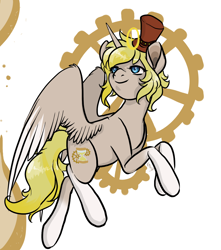 Size: 1150x1300 | Tagged: safe, artist:lavvythejackalope, derpibooru import, oc, oc only, alicorn, pony, alicorn oc, blonde, blonde mane, blonde tail, blue eyes, coat markings, gear, hat, horn, looking back, rearing, smiling, socks (coat marking), top hat, wings